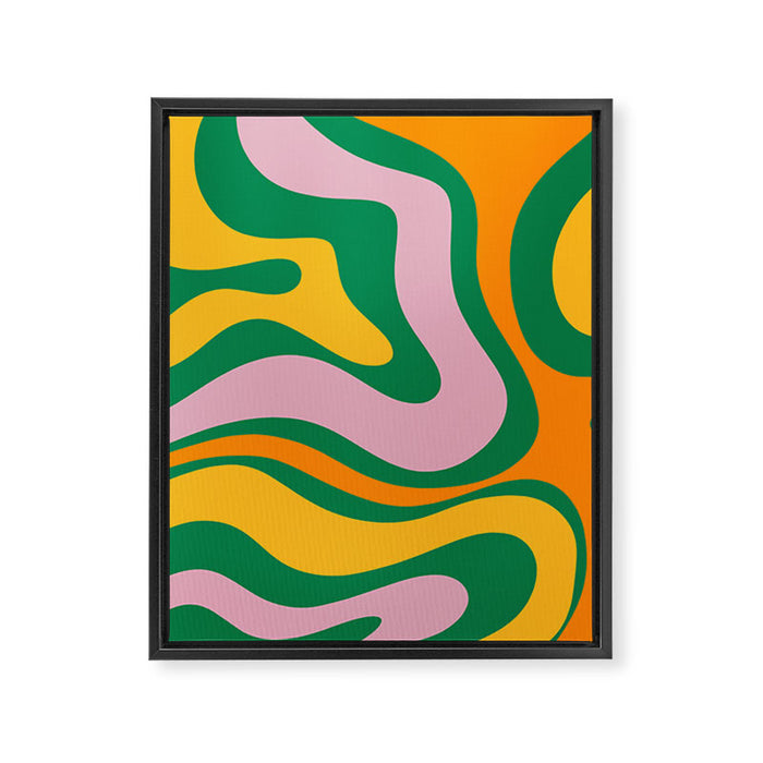 Vibrant Modern Retro Liquid Swirl Abstract Pattern Green Yellow Orange Pink Framed Canvas Print Gallery Image 1