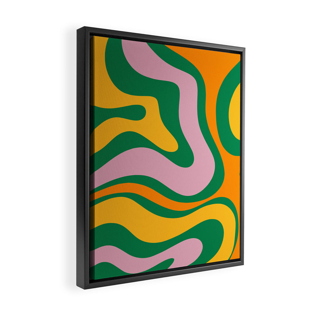 Vibrant Modern Retro Liquid Swirl Abstract Pattern Green Yellow Orange Pink Framed Canvas Print Gallery Image 2