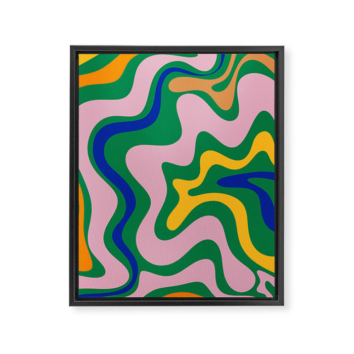 Vibrant Vivid Retro Liquid Swirl Abstract Pattern Green Pink Yellow Blue Framed Canvas Print Gallery Image 1