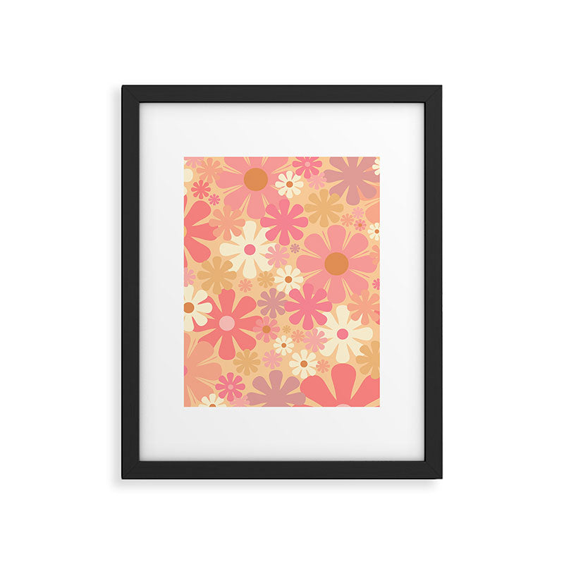 Vintage Floral 60s 70s Pattern in Pink, Blush, Peach, and Mustard Gold Tones Framed Art Print Gallery Image 6