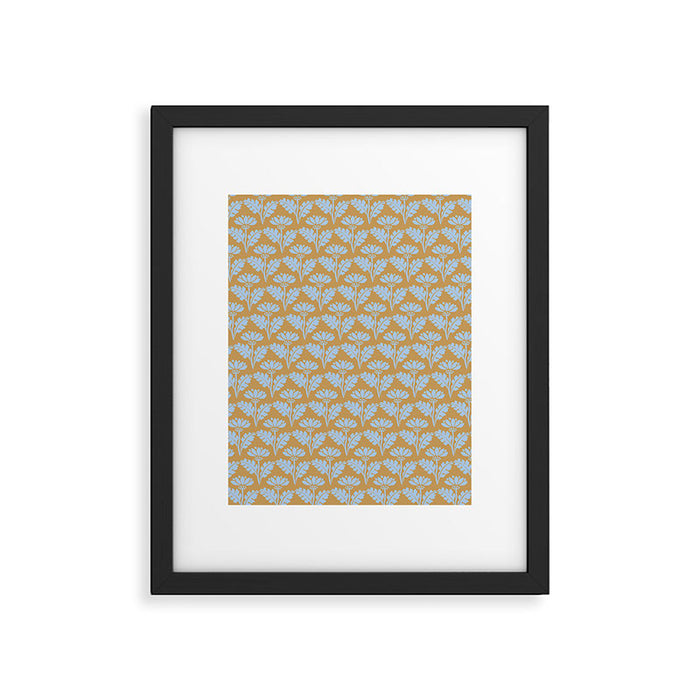 Vintage Floral Arches Art Nouveau Pattern in Ice Blue and Deep Mustard Framed Art Print Gallery Image 1