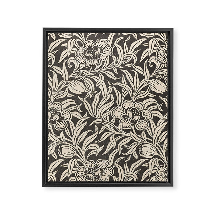 Vintage Floral Botanical Pattern in Charcoal Gray Black and Cream Framed Canvas Print Gallery Image 1