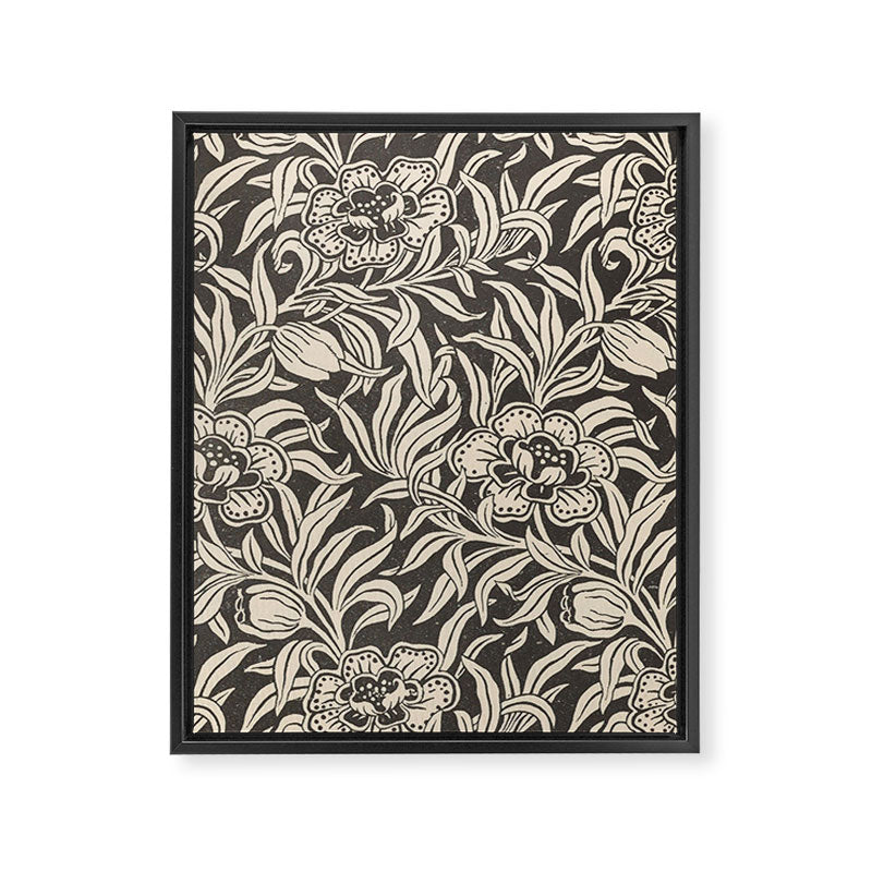 Vintage Floral Botanical Pattern in Charcoal Gray Black and Cream Framed Canvas Print Gallery Image 6