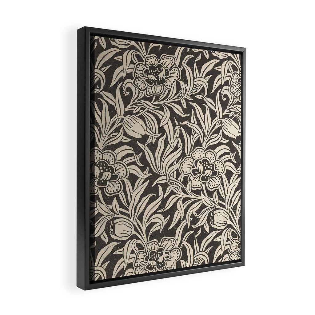 Vintage Floral Botanical Pattern in Charcoal Gray Black and Cream Framed Canvas Print Gallery Image 2