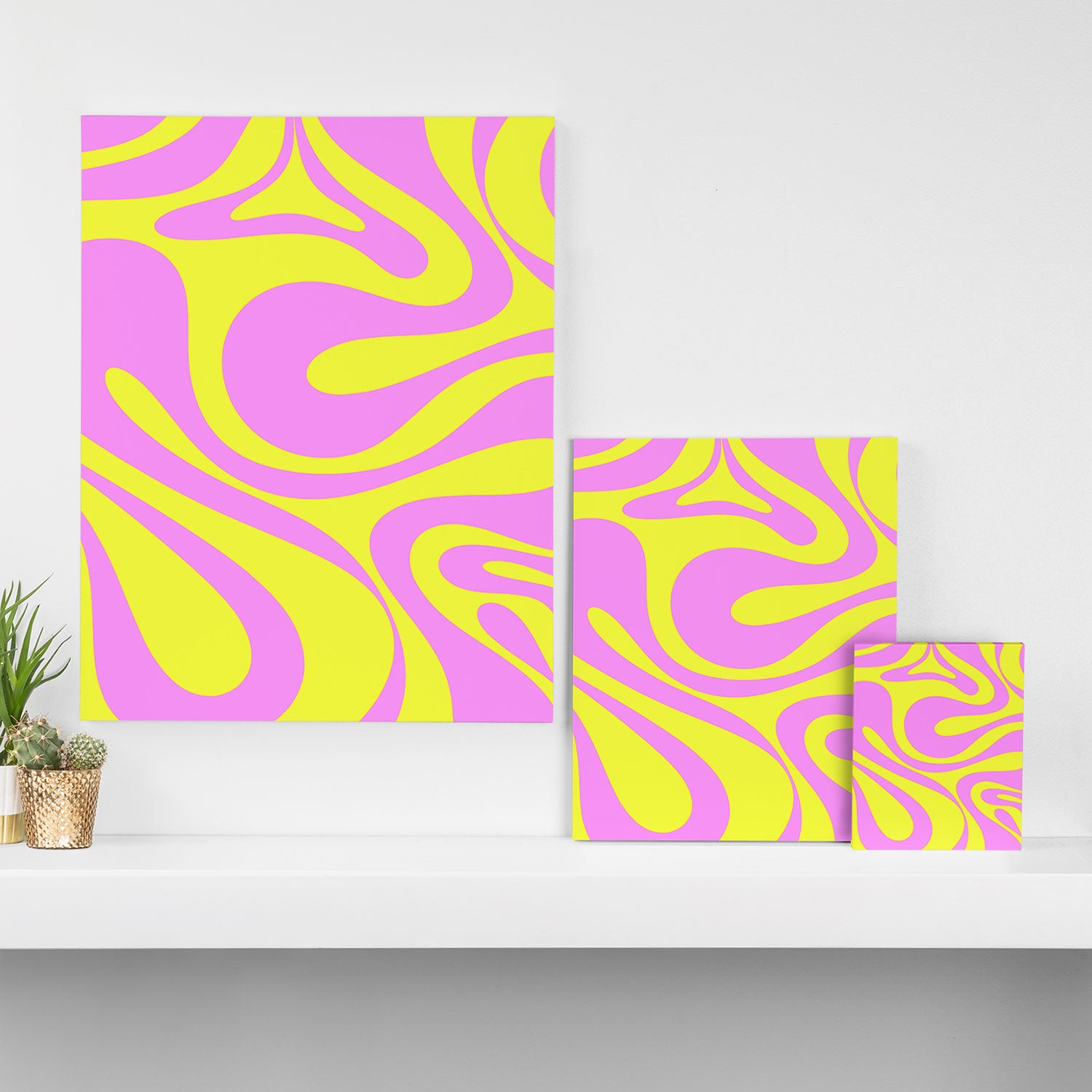 Vivid Mod Swirl Retro Abstract Pattern Neon Yellow and Pink Canvas Print Gallery Image 3