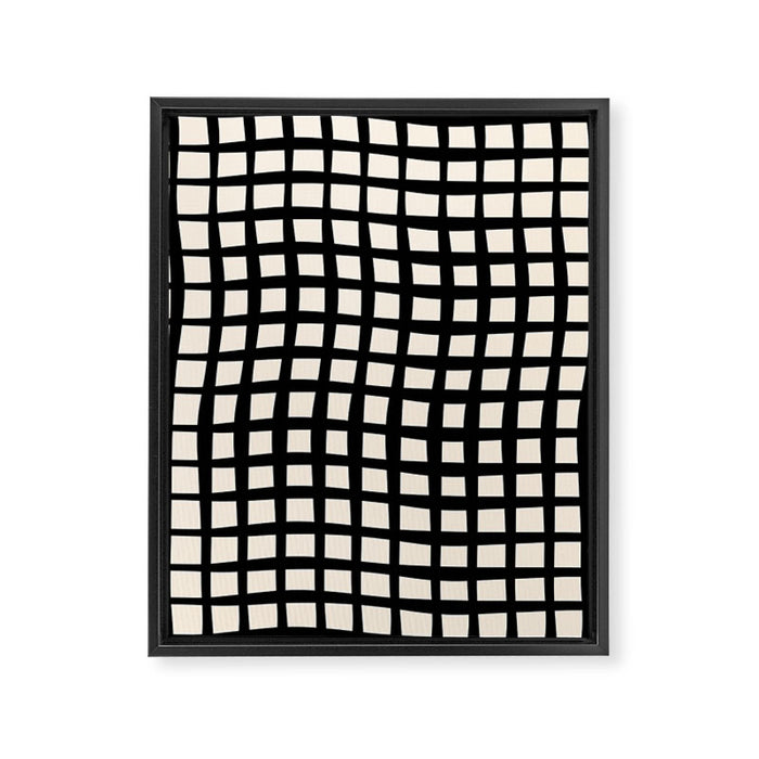 Warped Modern Minimalist Grid in Black and Almond Cream Framed Canvas Print Gallery Image 1