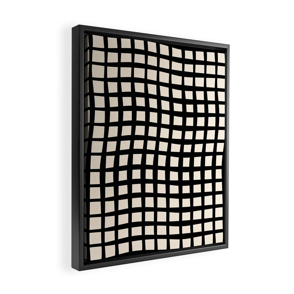 Warped Modern Minimalist Grid in Black and Almond Cream Framed Canvas Print Gallery Image 2