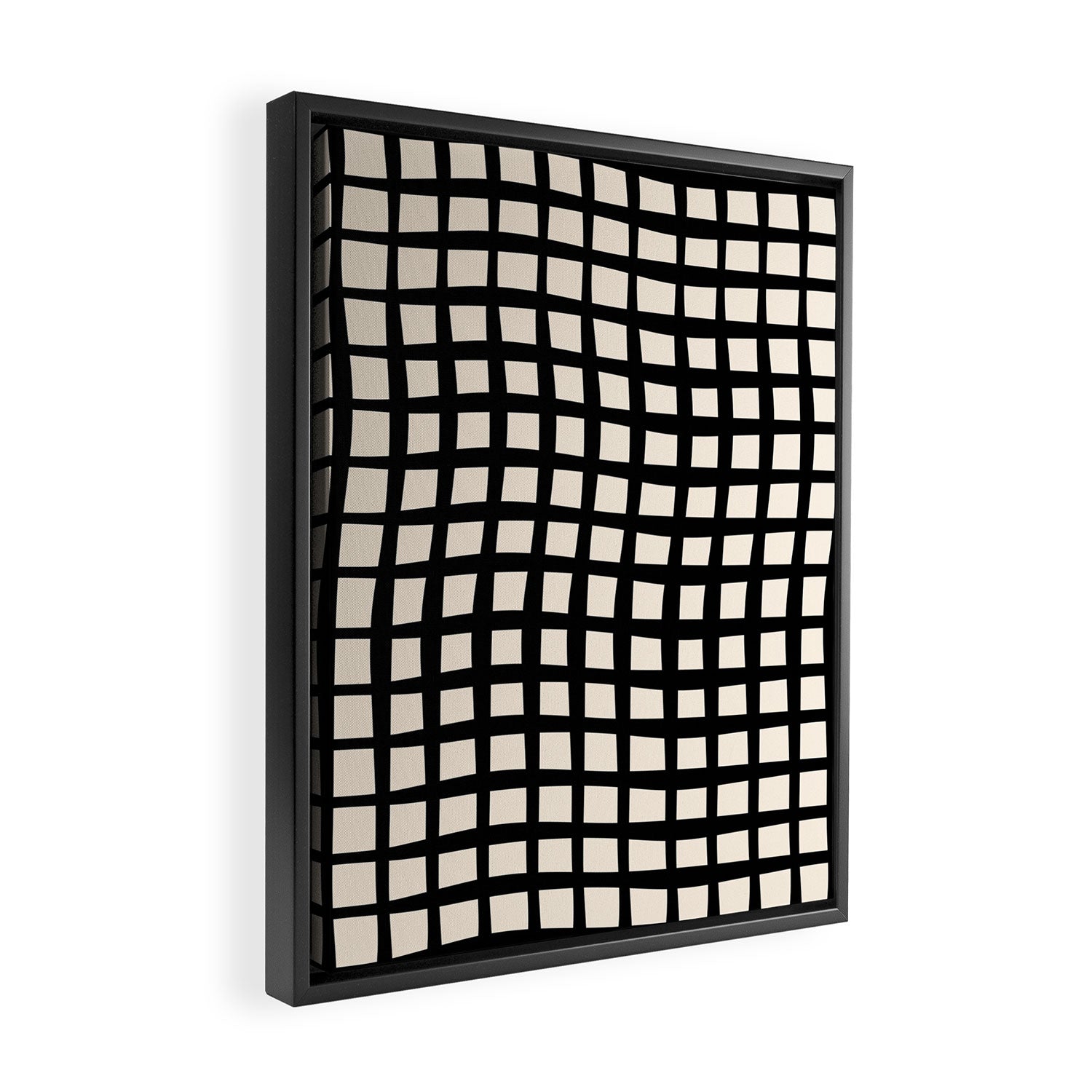 Warped Modern Minimalist Grid in Black and Almond Cream Framed Canvas Print Gallery Image 2