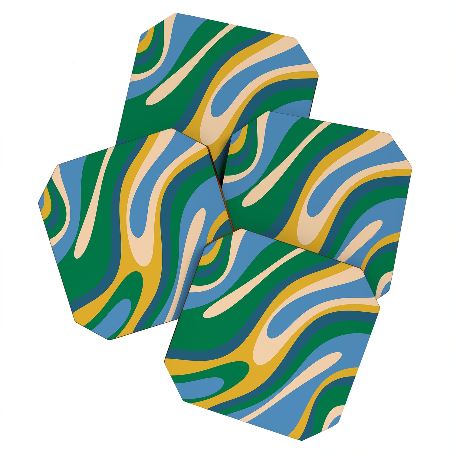Wavy Loops Abstract Pattern 3 Blue Green Mustard Beige Coaster Gallery Image 1