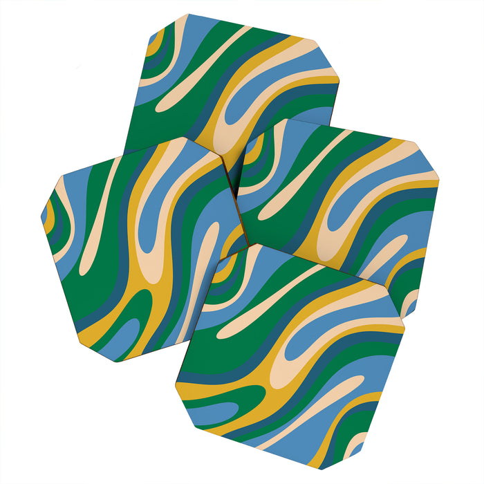 Wavy Loops Abstract Pattern 3 Blue Green Mustard Beige Coaster Gallery Image 1