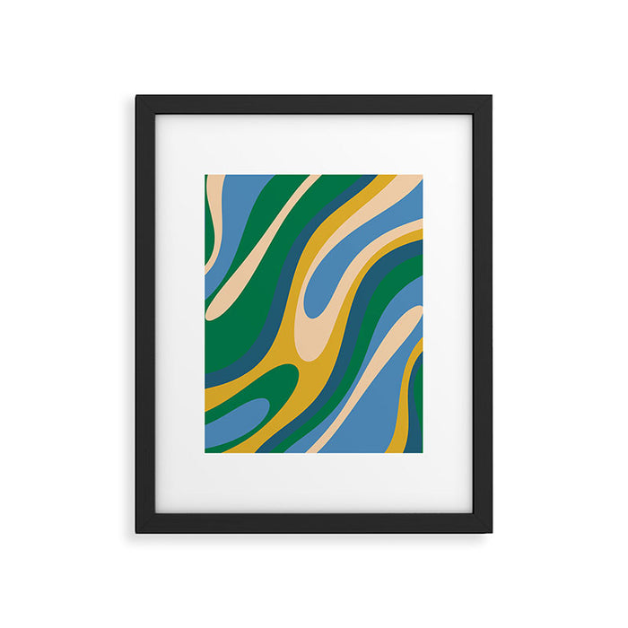 Wavy Loops Abstract Pattern 3 Blue Green Mustard Beige Framed Art Print Gallery Image 1