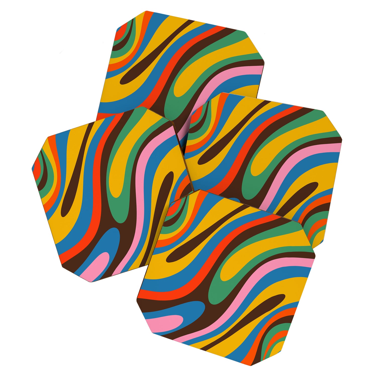 Wavy Loops Colourful Retro Abstract Pattern Blue Pink Green Orange Yellow Pink Brown Coaster Gallery Image 1