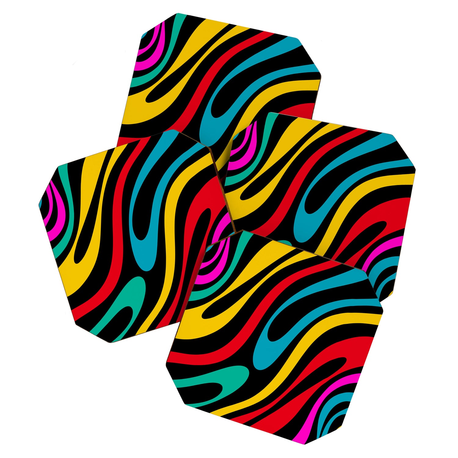 Wavy Loops Retro 80s Colorful Abstract Pattern on Black Coaster Gallery Image 1