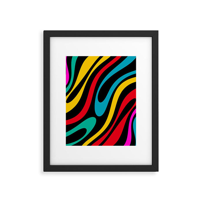 Wavy Loops Retro 80s Colorful Abstract Pattern on Black Framed Art Print Gallery Image 1