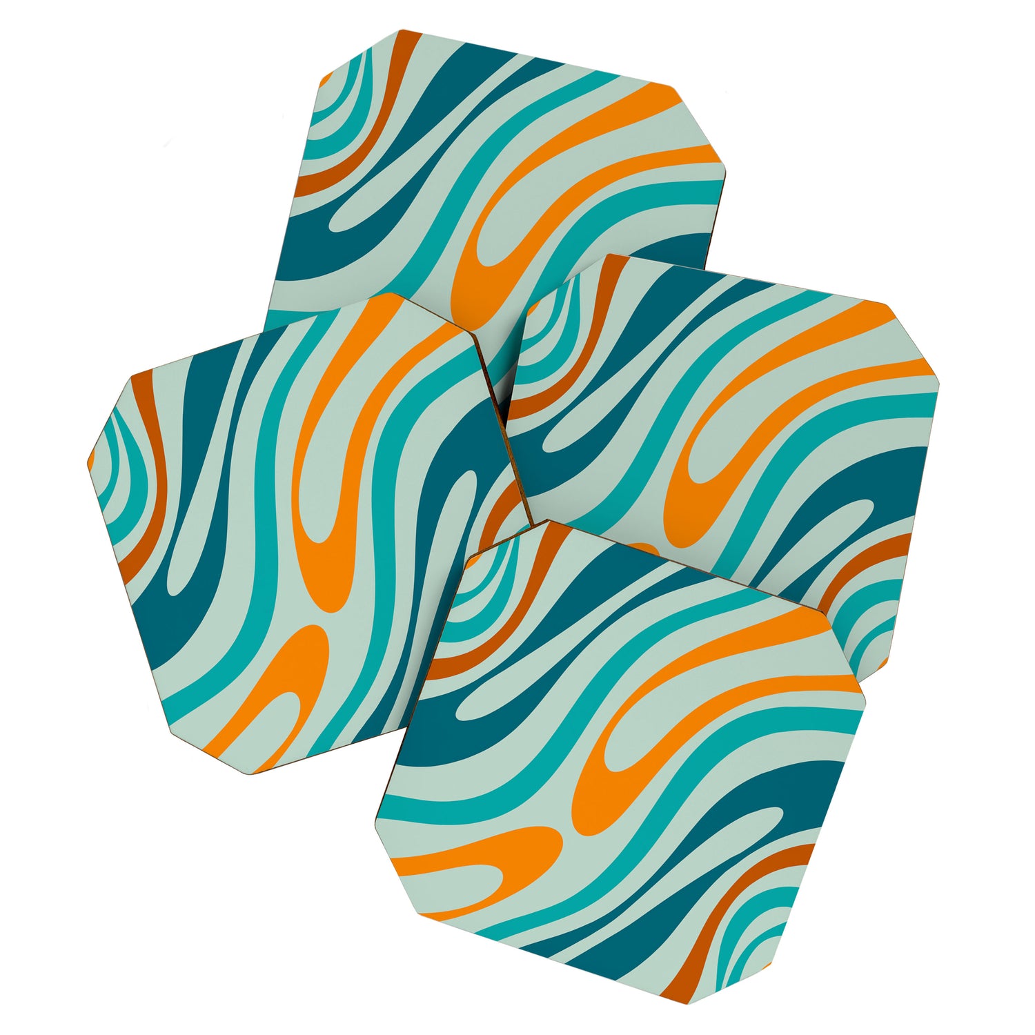 Wavy Loops Retro Abstract Pattern in Teal Aqua Orange Coaster Gallery Image 1