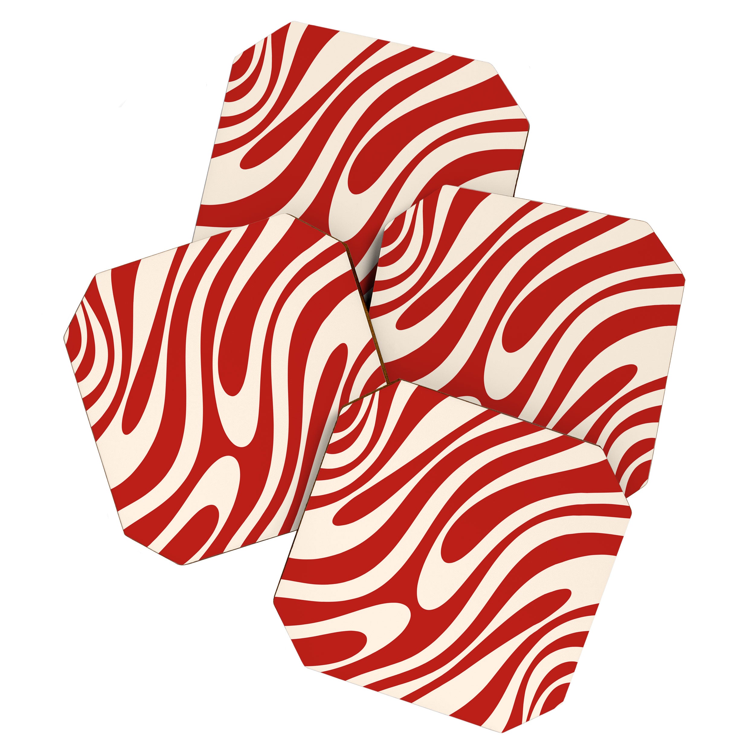 Wavy Loops Retro Abstract Pattern Red and Almond Cream Coaster Gallery Image 1
