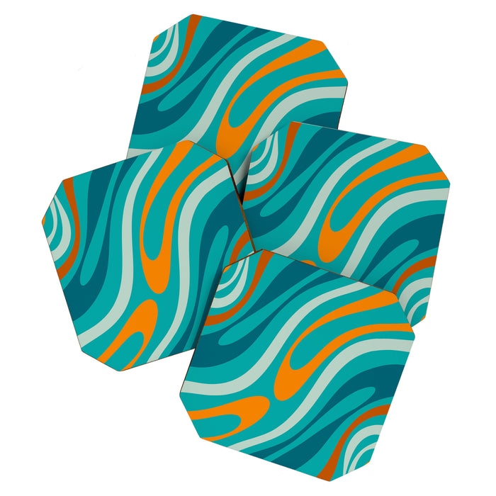 Wavy Loops Retro Abstract Pattern Teal Turquoise Orange Aqua Coaster Gallery Image 1