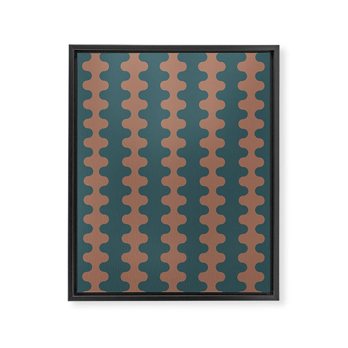 Wavy Stripes Mocha Brown and Dusty Teal Blue Ogee A-Go-Go Pattern Framed Canvas Print Gallery Image 1