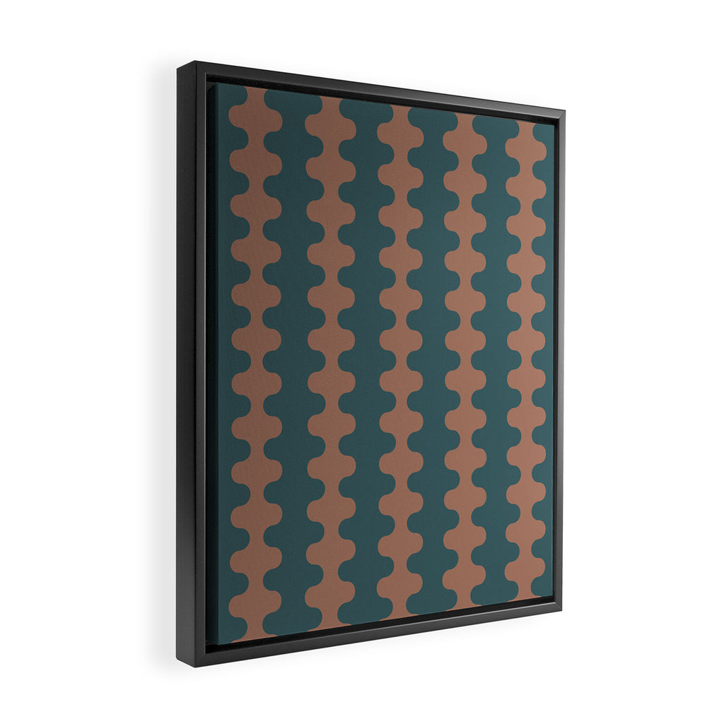 Wavy Stripes Mocha Brown and Dusty Teal Blue Ogee A-Go-Go Pattern Framed Canvas Print Gallery Image 2