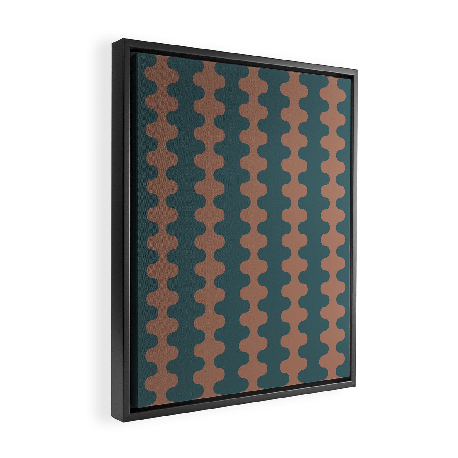 Wavy Stripes Mocha Brown and Dusty Teal Blue Ogee A-Go-Go Pattern Framed Canvas Print Gallery Image 2