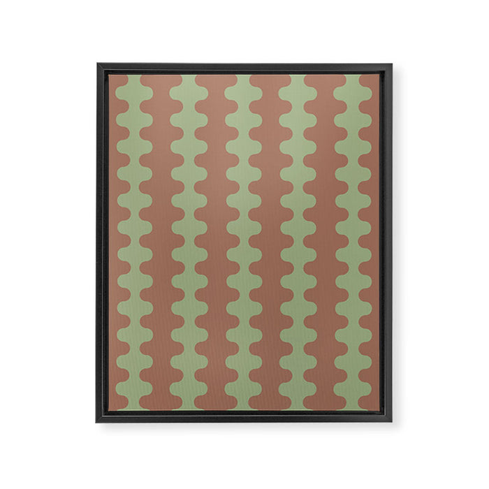 Wavy Stripes Ogee A-Go-Go Pattern in Mocha Brown and Earthy Sage Green Framed Canvas Print Gallery Image 1