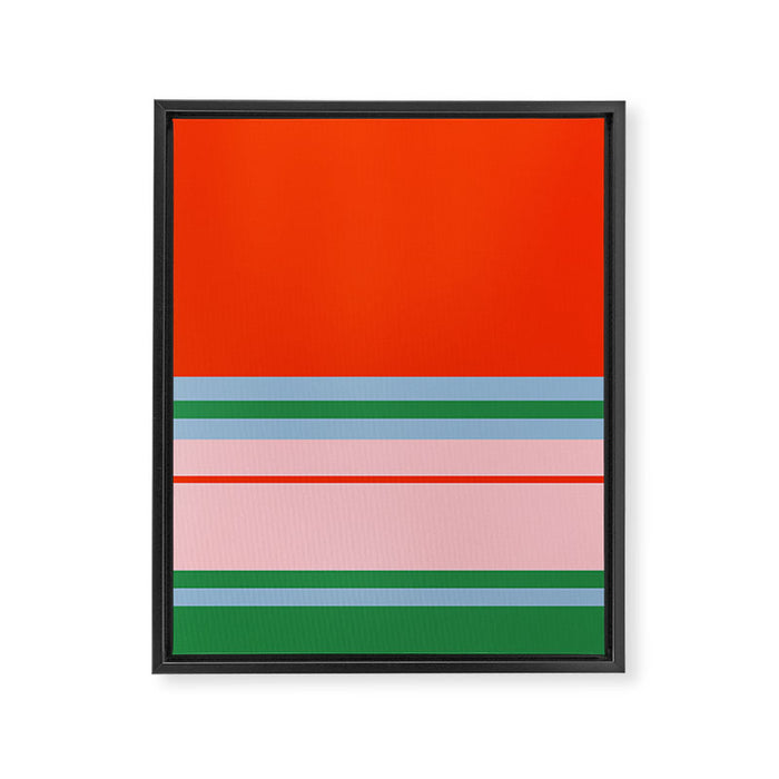 Wide and Thin Stripes Minimal Color Block Pattern in Bold Red Orange, Light Pink, Light Blue, and Green Framed Canvas Print Gallery Image 1
