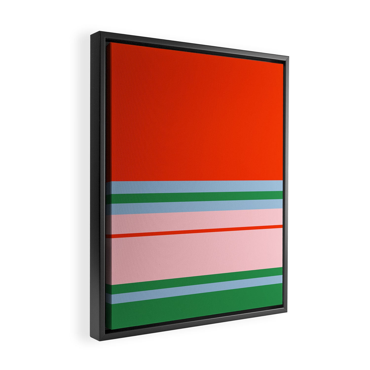 Wide and Thin Stripes Minimal Color Block Pattern in Bold Red Orange, Light Pink, Light Blue, and Green Framed Canvas Print Gallery Image 2
