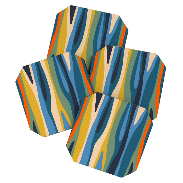 Wild Stripes Modern Abstract Pattern Blue Mustard Green Orange  Coaster Gallery Image 1