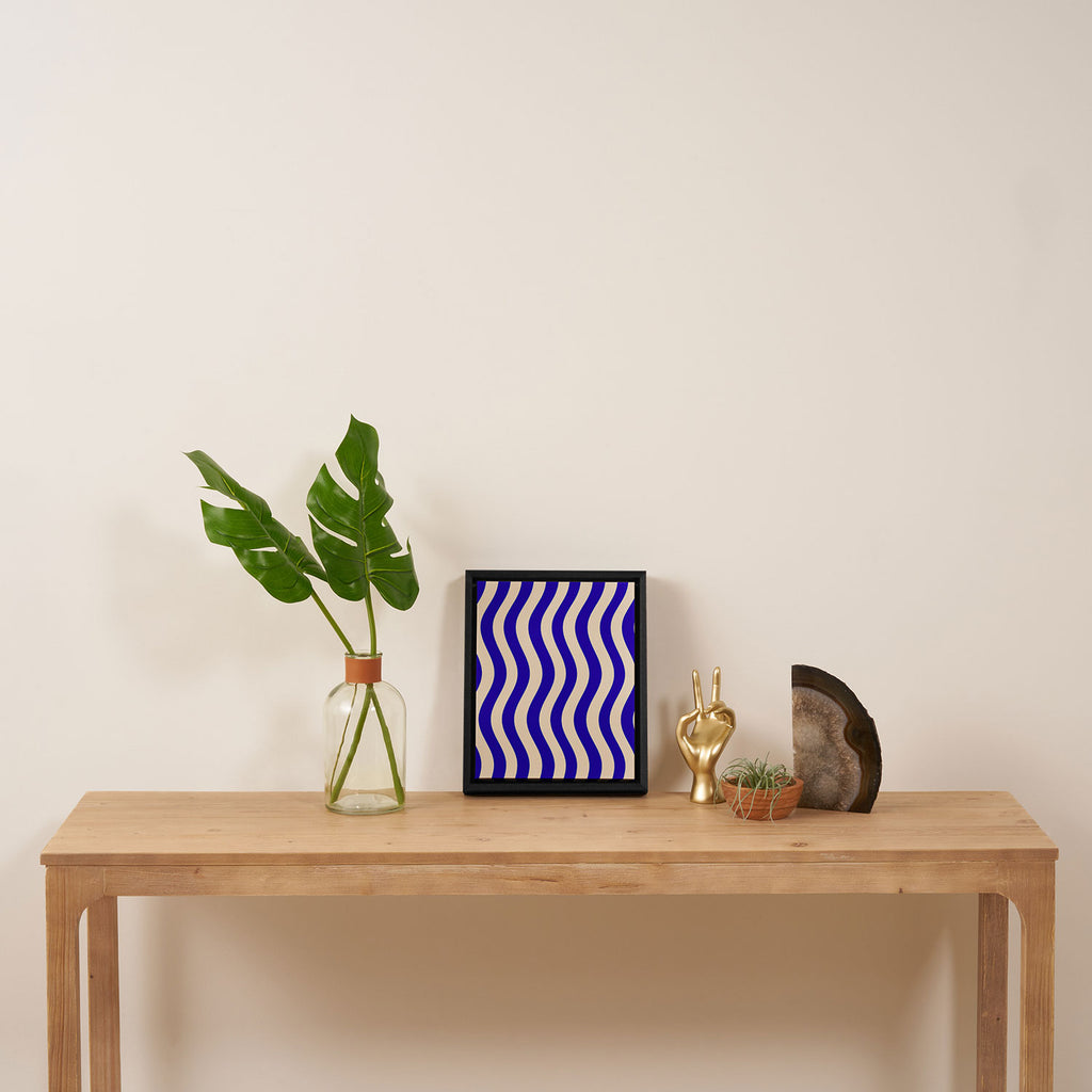 Wobbly Pop Stripes Pattern in Cobalt Blue and Beige Framed Canvas Print Gallery Image 4