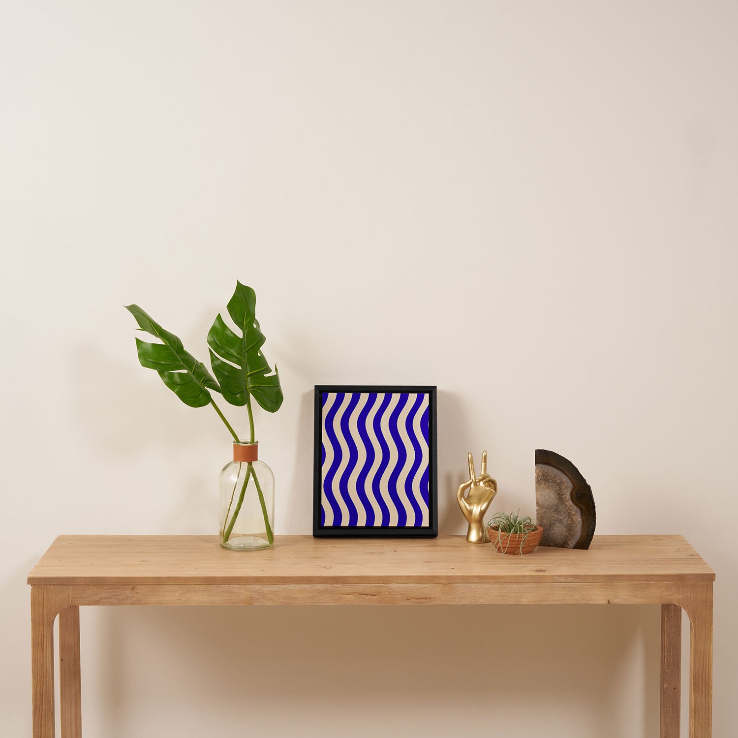 Wobbly Pop Stripes Pattern in Cobalt Blue and Beige Framed Canvas Print Gallery Image 4