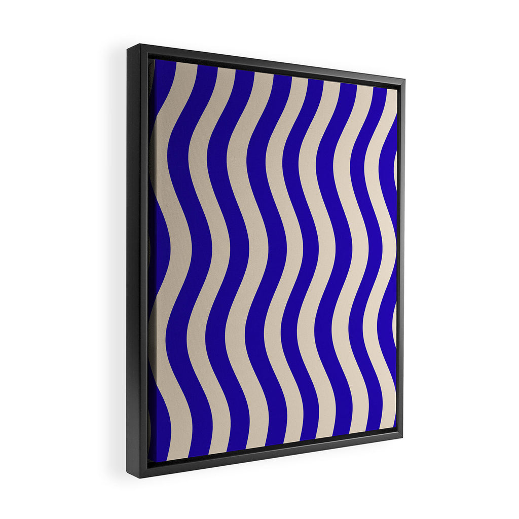Wobbly Pop Stripes Pattern in Cobalt Blue and Beige Framed Canvas Print Gallery Image 2