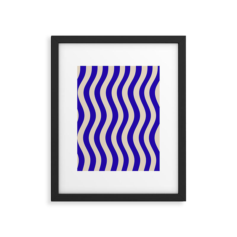 Wobbly Pop Stripes Pattern in Cobalt Blue and Beige Framed Art Print Gallery Image 6