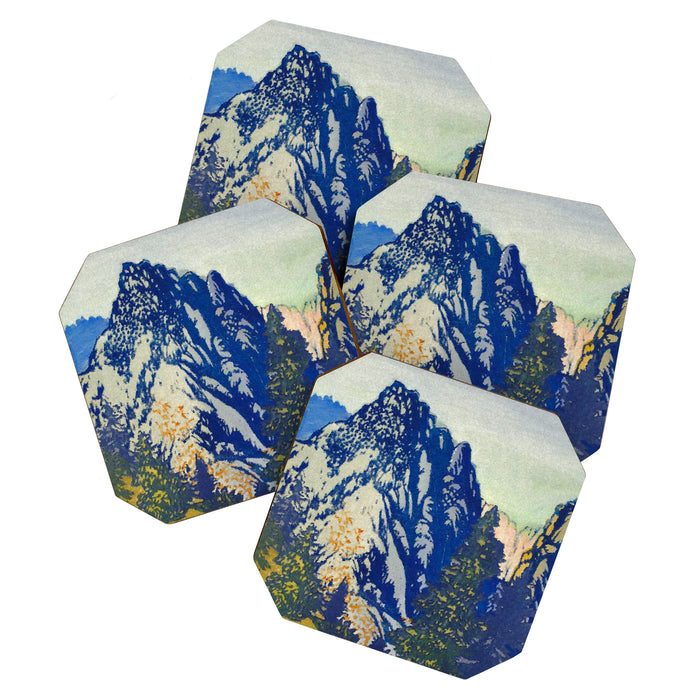  A Departure I - Mountain & Forest Nature Ukiyo Landscape in Blue, Green & Grey Coaster Gallery Image 1