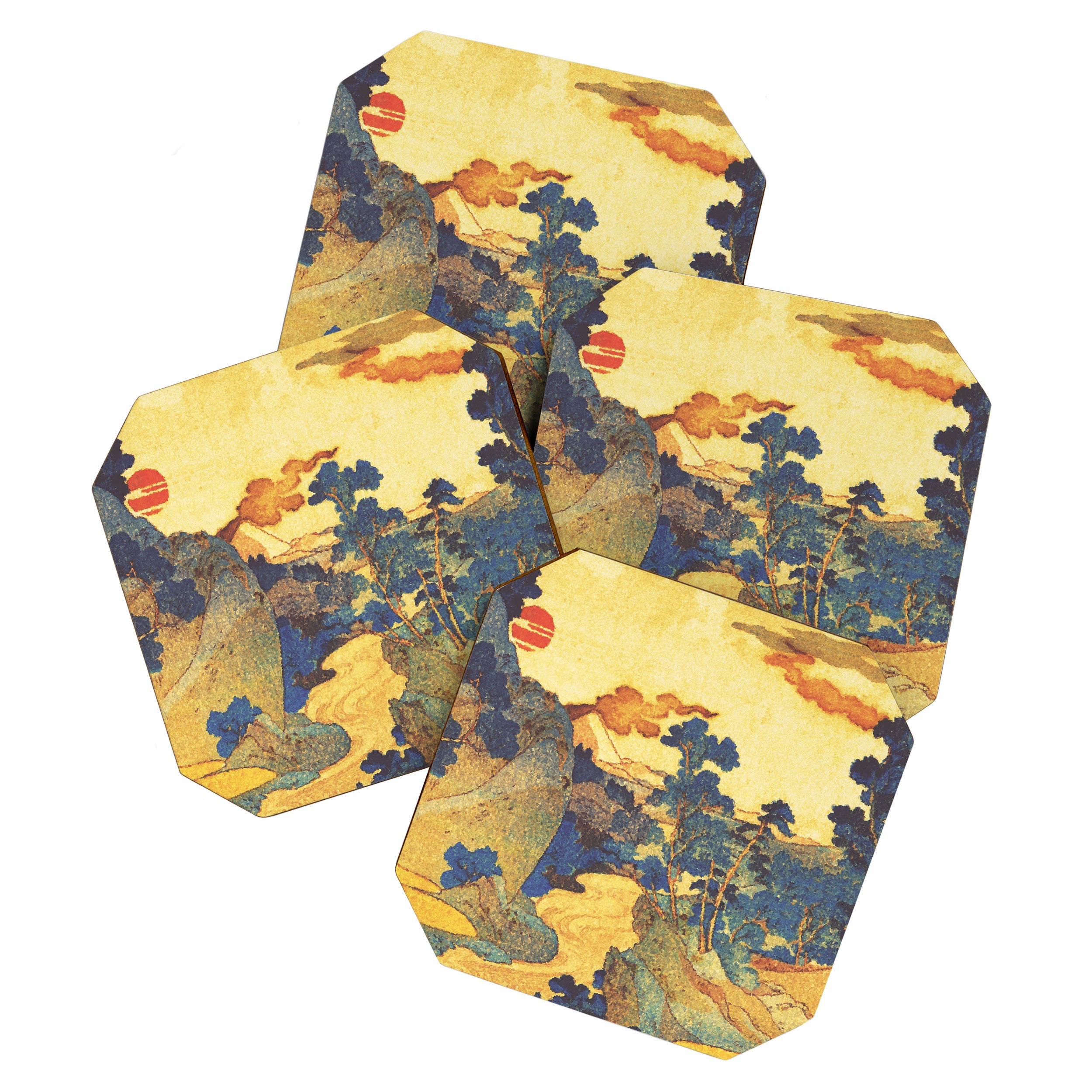Ancient Path to Kunisada - Nature Ukiyo Landscape in Yellow, Gold, Green, Red and Orange Coaster Gallery Image 1