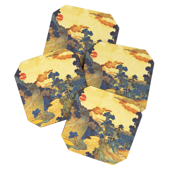 Ancient Path to Kunisada - Nature Ukiyo Landscape in Yellow, Gold, Green, Red and Orange Coaster Gallery Image 1