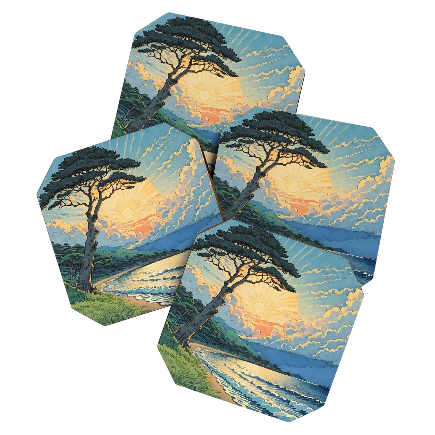 Arriving at Hneho Coast - A Contemporary Ukiyo-e Nature Landscape Coaster Gallery Image 1
