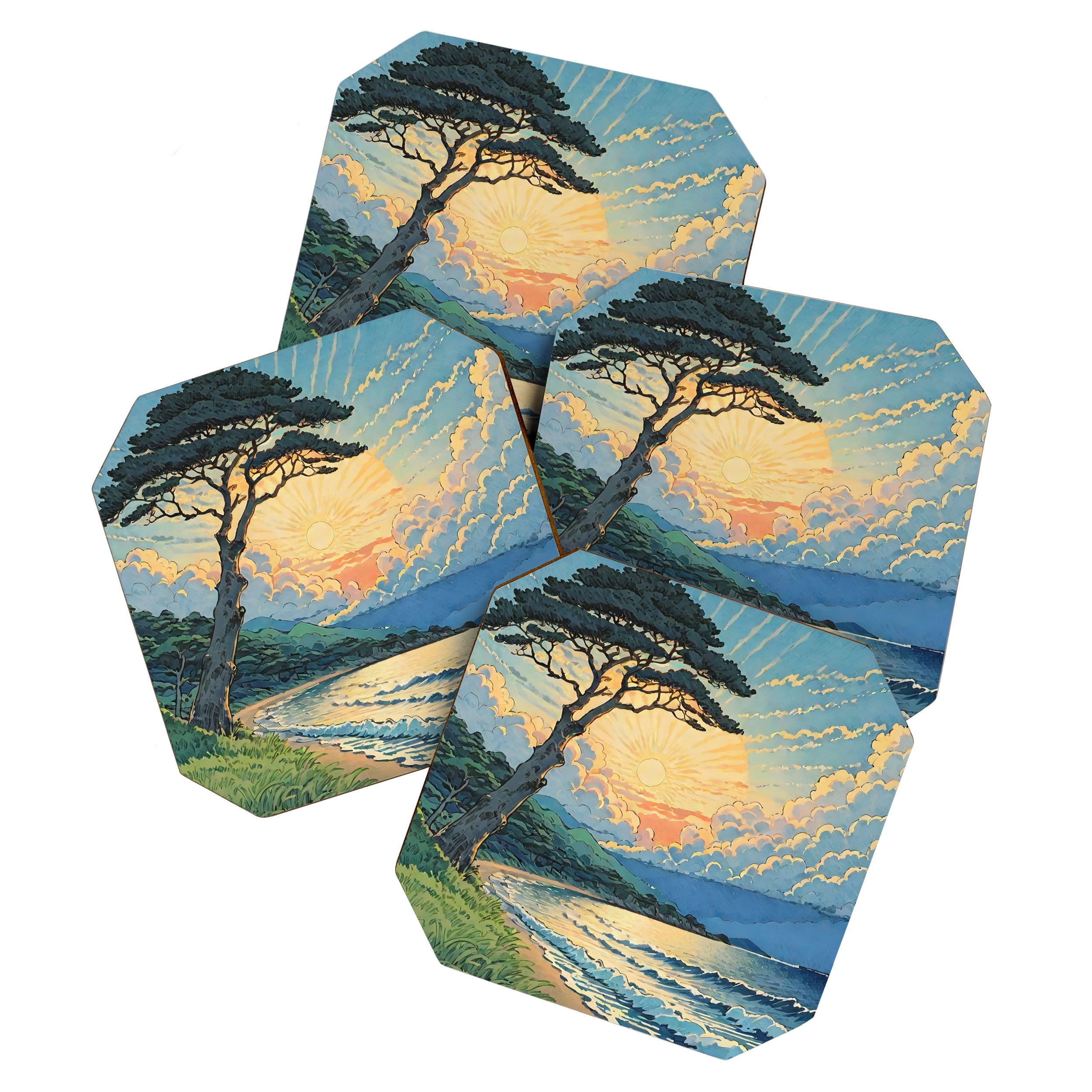 Arriving at Hneho Coast - A Contemporary Ukiyo-e Nature Landscape Coaster Gallery Image 1