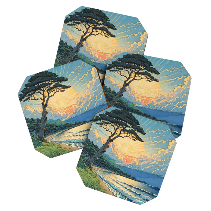 Arriving at Hneho Coast - A Contemporary Ukiyo-e Nature Landscape Coaster Gallery Image 1