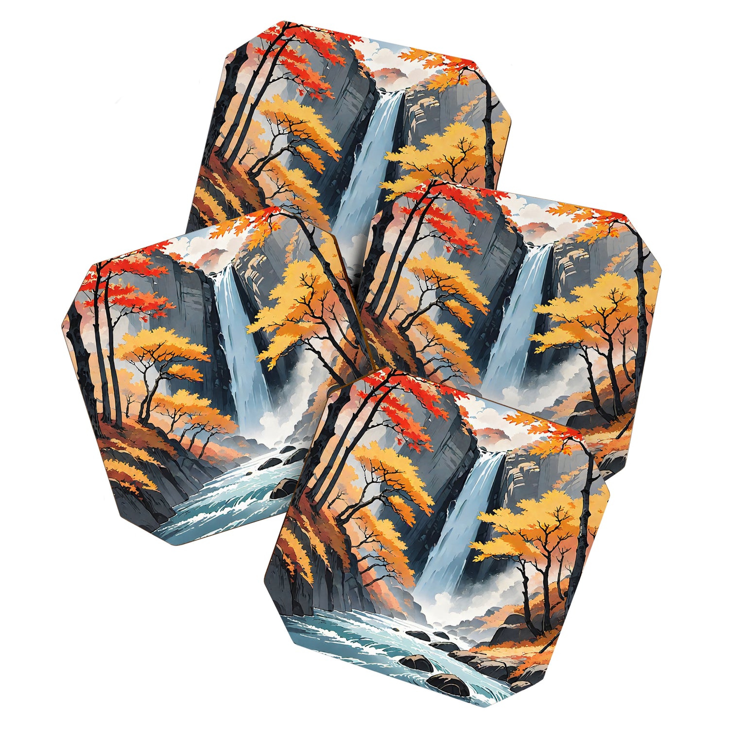 Autumn Falls - A Contemporary Ukiyo-e Nature Landscape Coaster Gallery Image 1