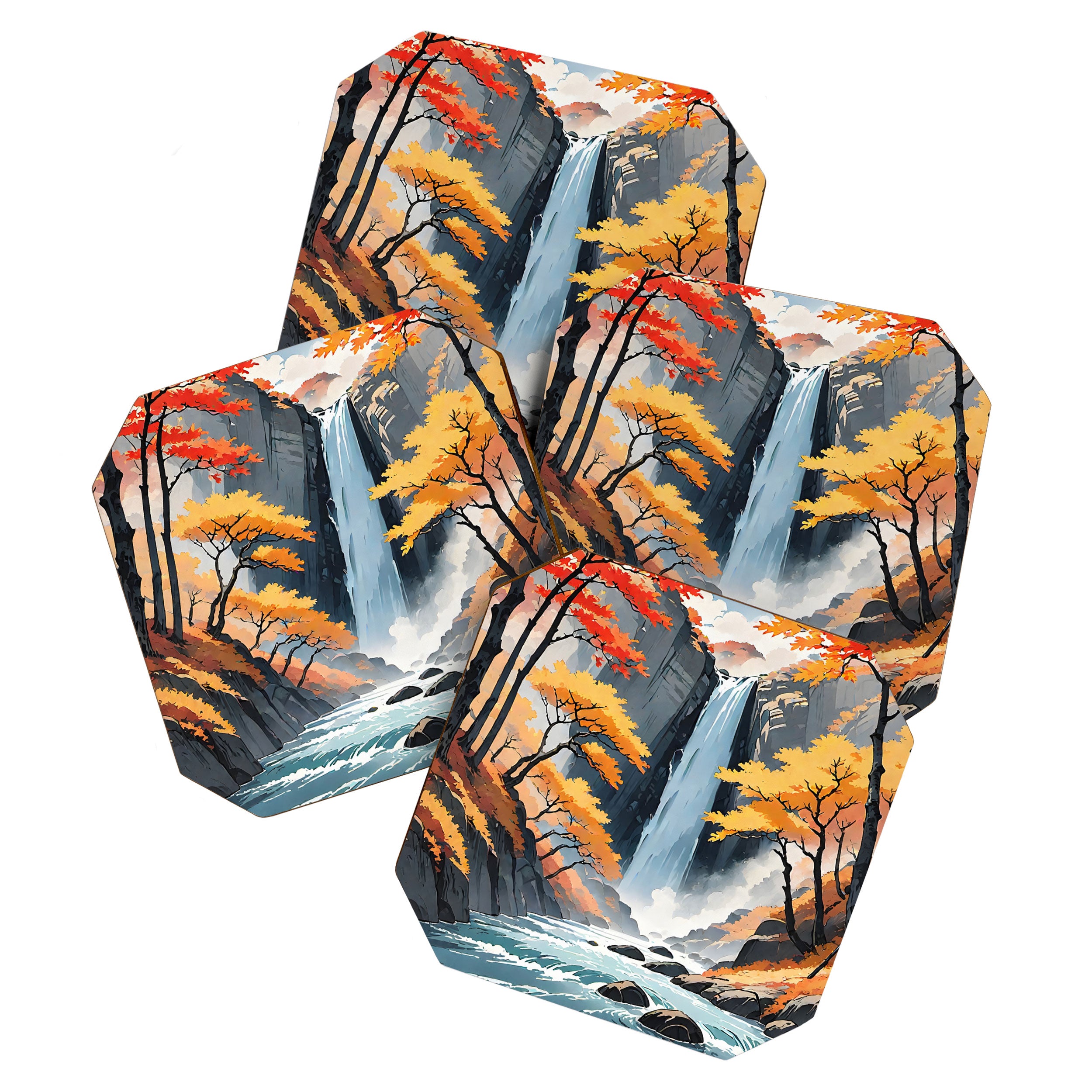 Autumn Falls - A Contemporary Ukiyo-e Nature Landscape Coaster Gallery Image 1