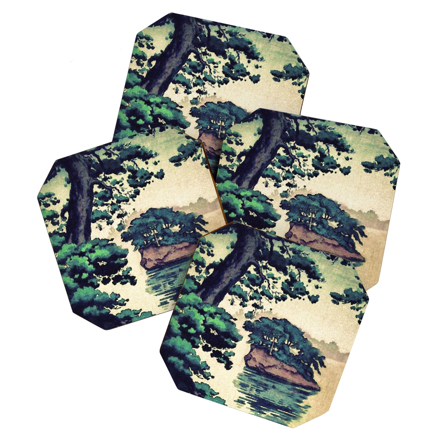 Autumn Rain in Yama - Summer Green Island Forest Ukiyoe Nature Landscape Coaster Gallery Image 1