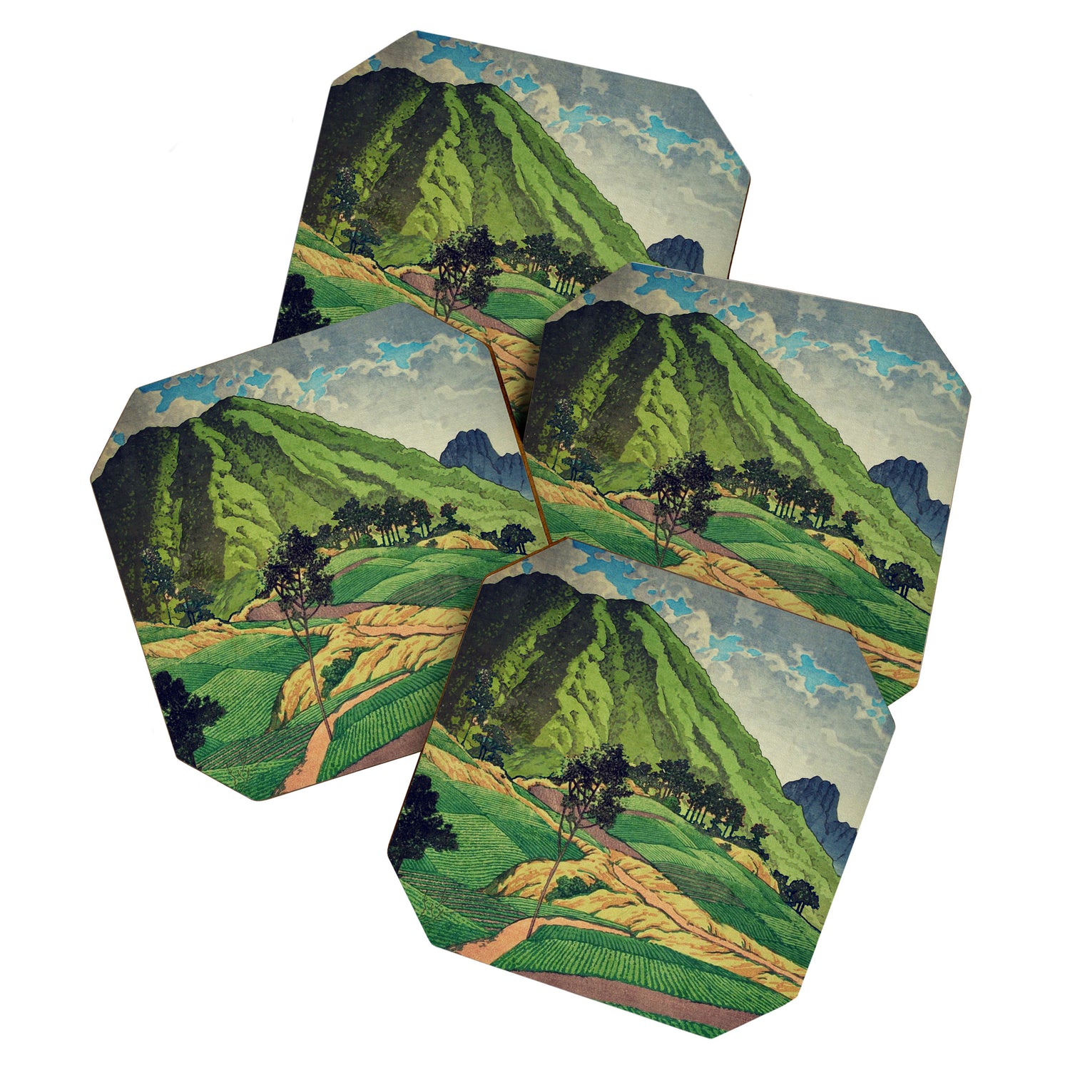 Crossing people's land in Iksey - Summer Green Mountain Ukiyoe Nature Landscape Coaster Gallery Image 1