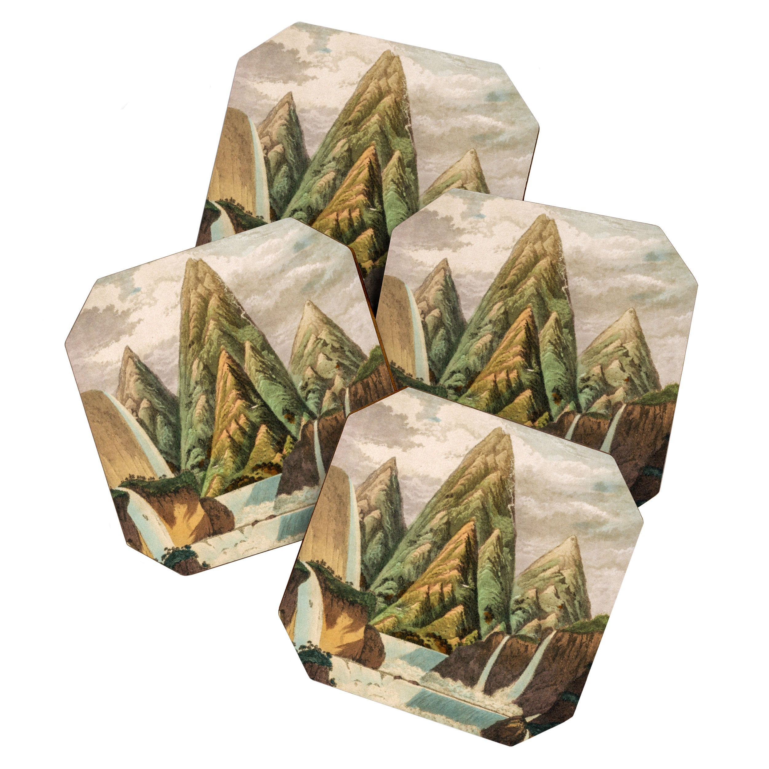 Departing in Dreams - Mountain and Waterfalls - Nature Landscape in Green, Brown, Blue Coaster Gallery Image 1