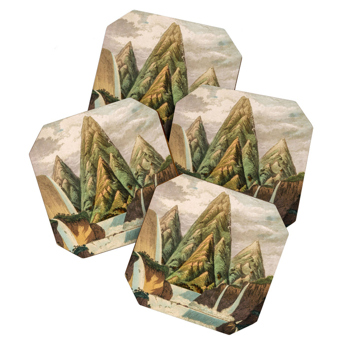 Departing in Dreams - Mountain and Waterfalls - Nature Landscape in Green, Brown, Blue Coaster Gallery Image 1