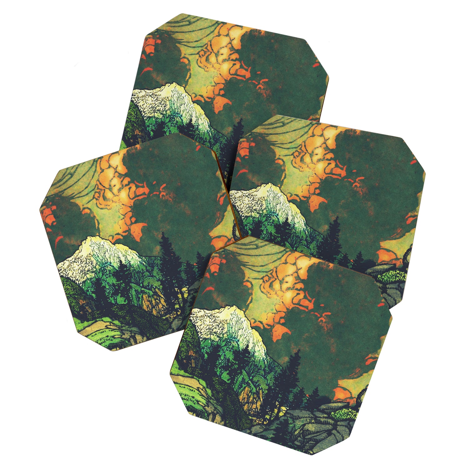Evening at Baakan - Mountain Trees and Clouds - Nature Landscape in Green & Orange Coaster Gallery Image 1