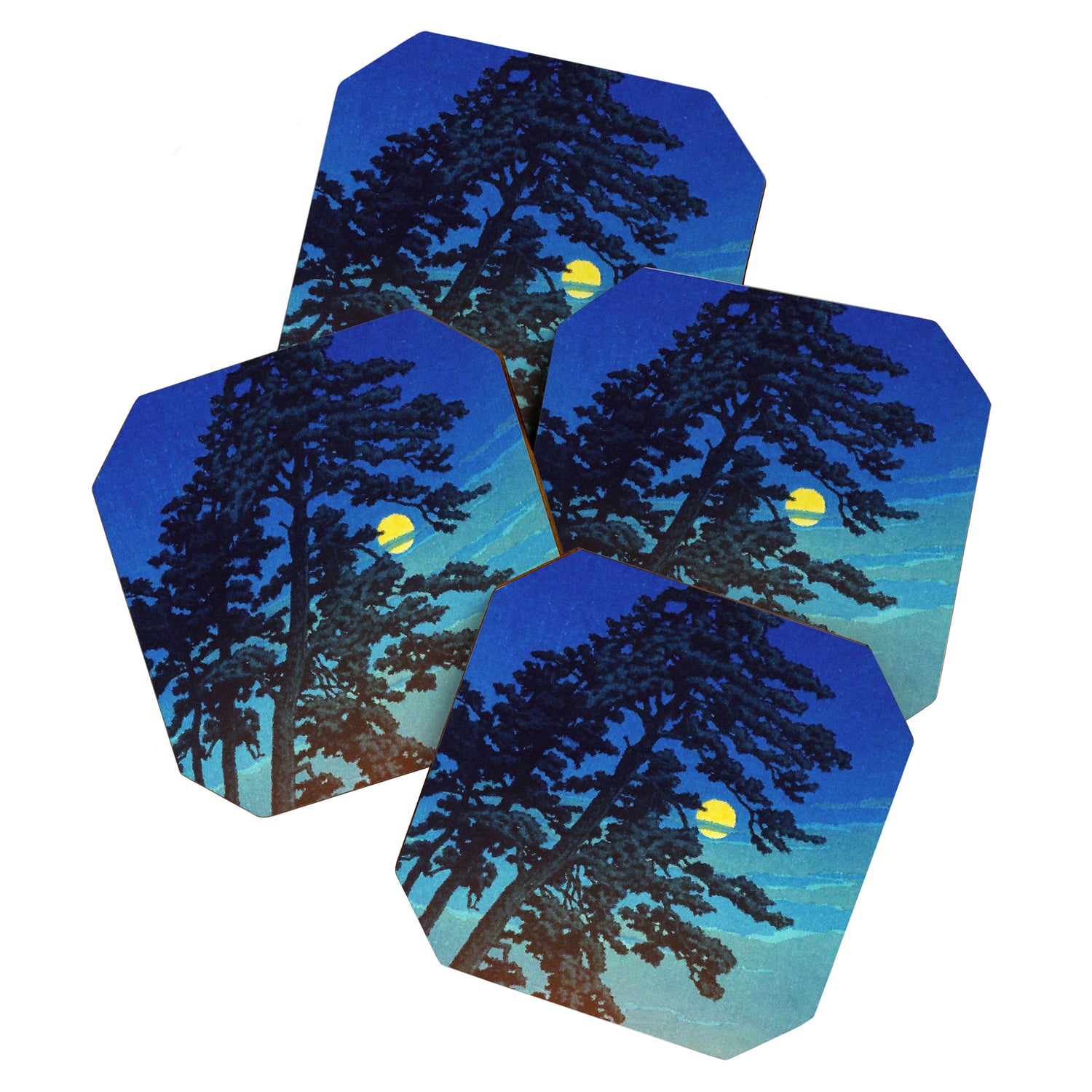 Full Moon Rising - Nature Ukiyo Landscape in Blue & Black Coaster Gallery Image 1