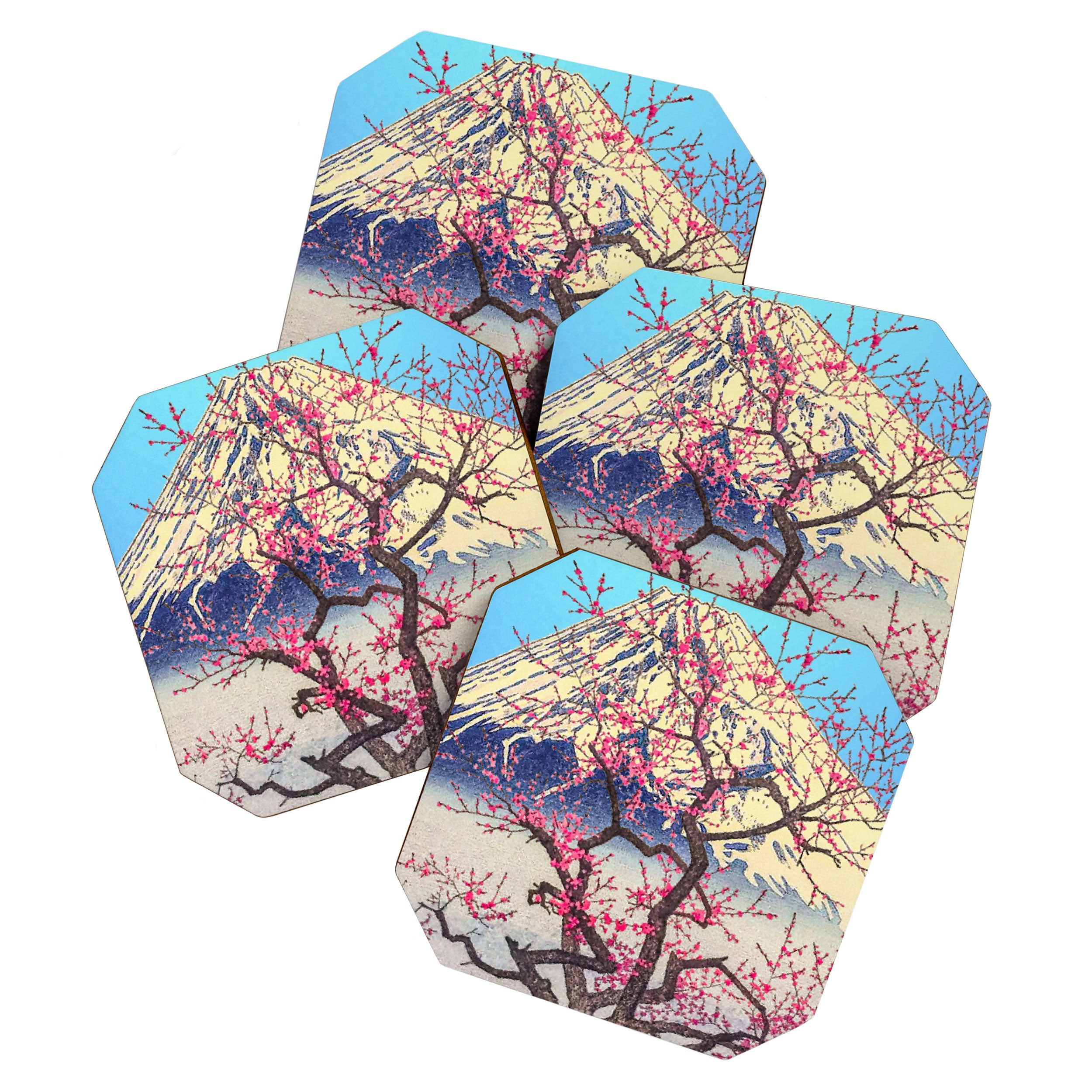 Growing before the Mountain-God - Summer Tree, Lake & Mountain Ukiyoe Nature Landscape in Blue & Pinkn Coaster Gallery Image 1