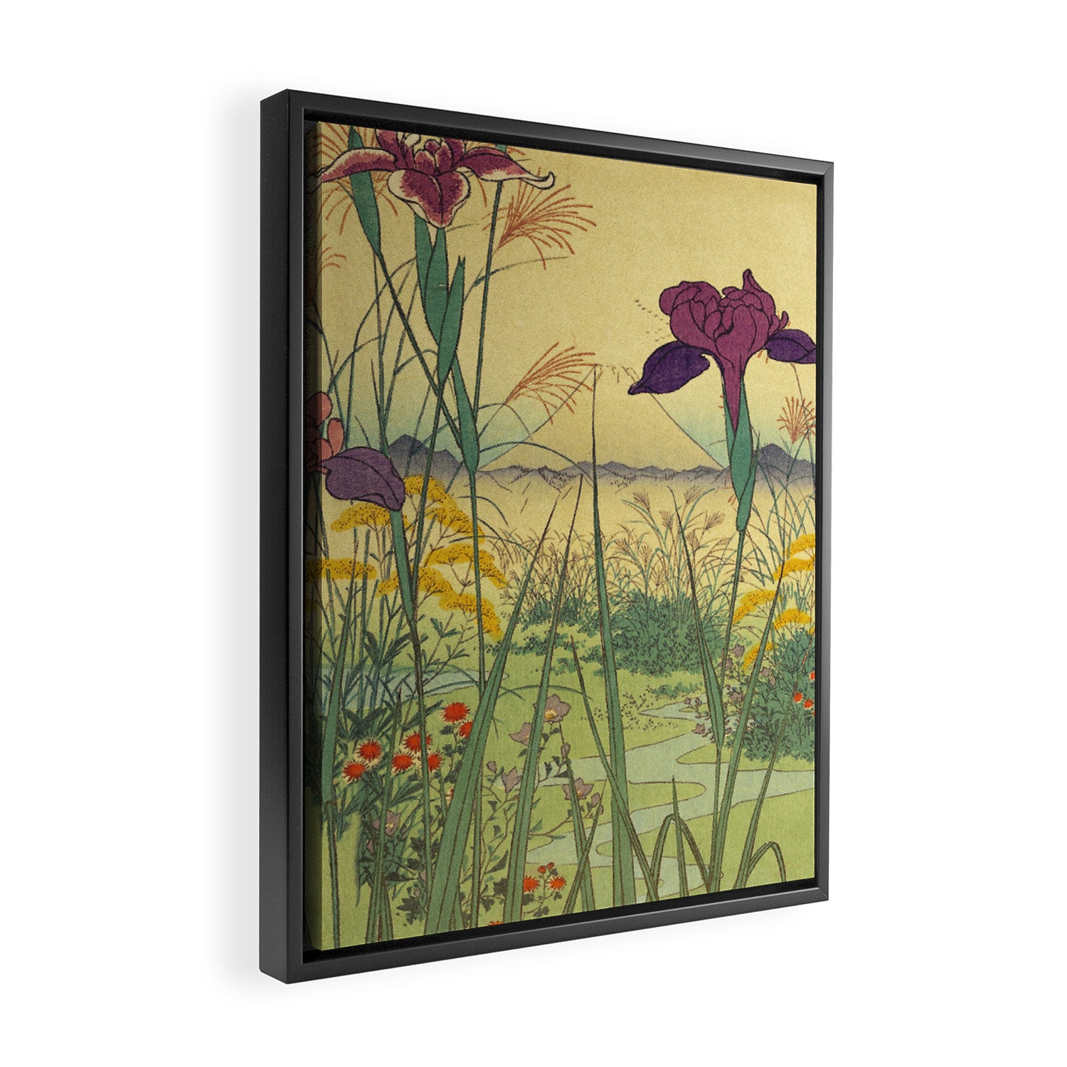 Hankjin Views - Nature Ukiyo Landscape in Green, Purple, Yellow & Orange Framed Canvas Print Gallery Image 2