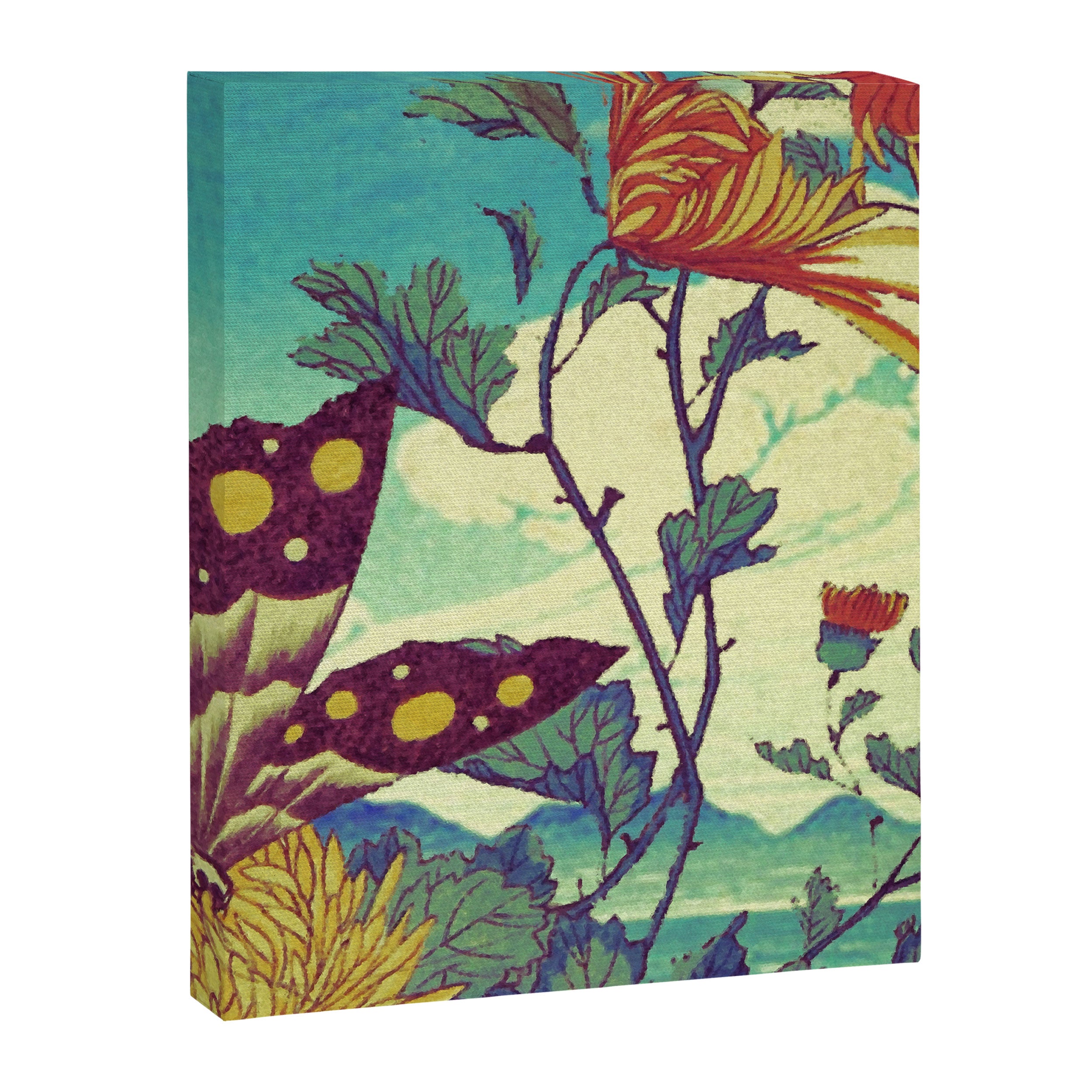 Ocean Behind Flowers at Zijhin  - Nature Ukiyo Landscape in Nature Ukiyo Landscape in Blue, Yellow, Gold, Green, Red and Orange Canvas Print Gallery Image 8