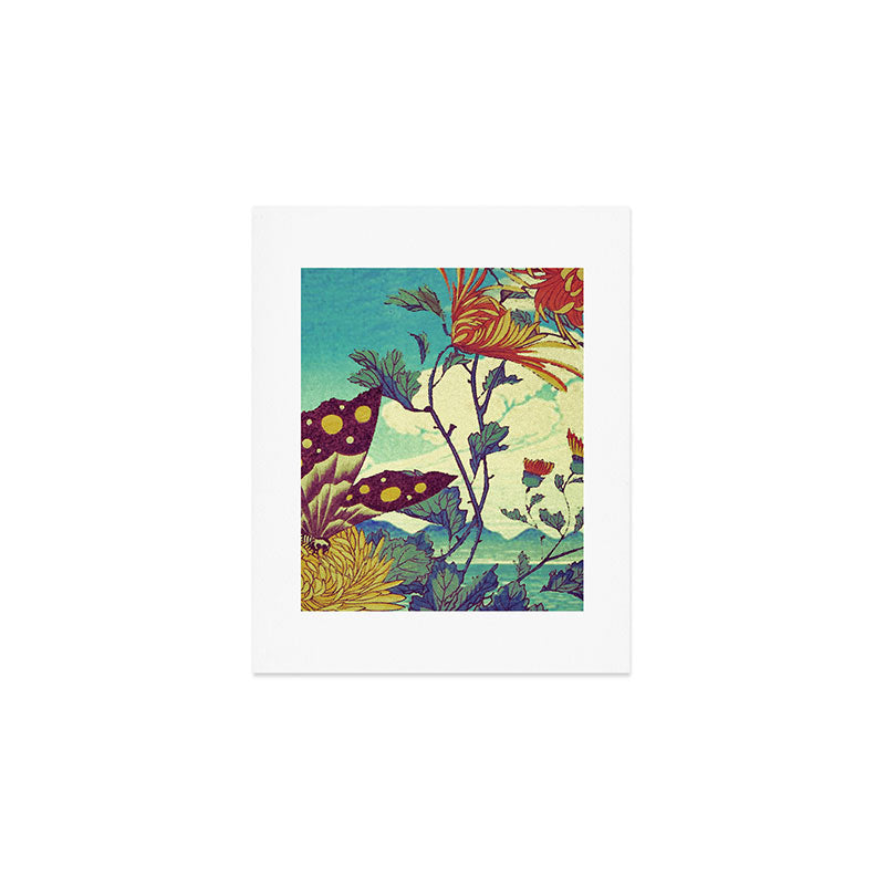 Ocean Behind Flowers at Zijhin  - Nature Ukiyo Landscape in Nature Ukiyo Landscape in Blue, Yellow, Gold, Green, Red and Orange Art Print Gallery Image 1
